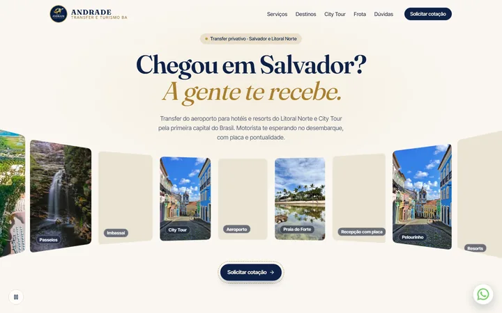 Página inicial do site da Andrade Transfer e Turismo, com o título Chegou em Salvador? A gente te recebe e um carrossel de destinos